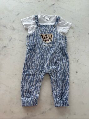 Kenzo White Tee with Blue Zebra-Print Overalls and matching Tee